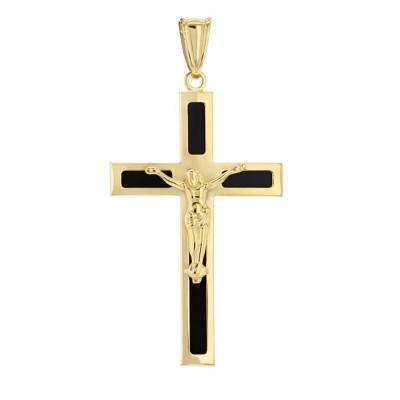 375 Yellow Gold & Onyx Crucifix Cross Pendant - Vandona