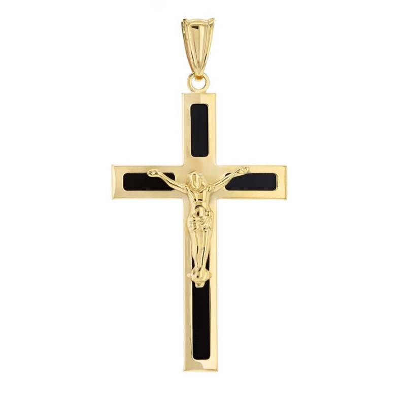 375 Yellow Gold & Onyx Crucifix Cross Pendant - Vandona