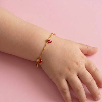 750 Yellow Gold Cable Chain Strawberry Cherry Bracelet, Length 14 cm to 16 cm - Bambins