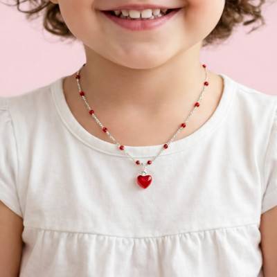 Heart Necklace in 925 Rhodium-Plated Silver & Red Enamel, Length 40 cm - Bambins