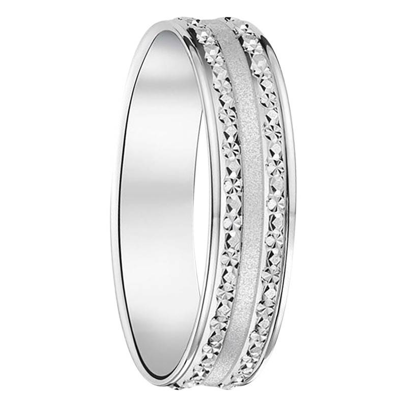 White Gold 375/1000 or 750/1000 Diamond-Cut Sandblasted Band Standard Ribbon Wedding Ring 4,50 mm - Fair'Belle
