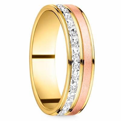 Alliance Ruban Confort Hudson Jaune Polie aux Bandes Grise Diamantée et Rose Sablée en 3 Ors Jaune 375 ou 750, Largeur 5 mm - Fair'Belle