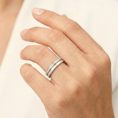 Alliance Ruban Standard Polie à Bande Sablée Diamantée en Or Blanc 375 ou 750, Largeur 5 mm - Fair'Belle