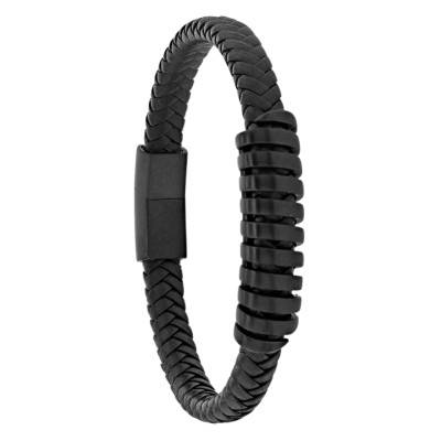 Black Braided Bovine Leather Bracelet, Spiral Pattern, 21 cm - Emanessence