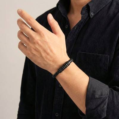Black Braided Bovine Leather Bracelet, Spiral Pattern, 21 cm - Emanessence