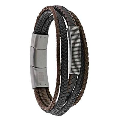 Bracelet en Cuir de Bovin, 5 Rangs Tressés, Longueur 21,50 cm Ajustable - Emanessence