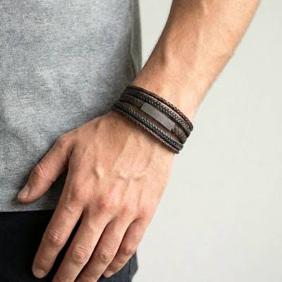 Bracelet en Cuir de Bovin, 5 Rangs Tressés, Longueur 21,50 cm Ajustable - Emanessence