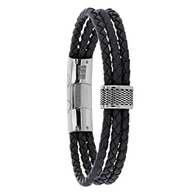 Bracelet en Cuir de Bovin Noir, 3 Rangs Tressés, Longueur 20 cm Ajustable - Emanessence