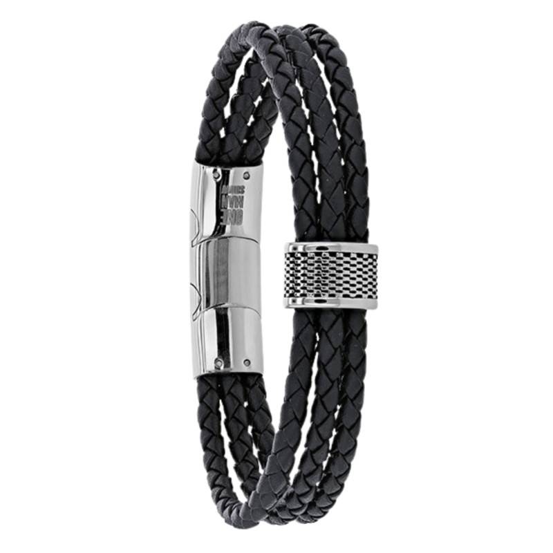 Bracelet en Cuir de Bovin Noir, 3 Rangs Tressés, Longueur 20 cm Ajustable - Emanessence