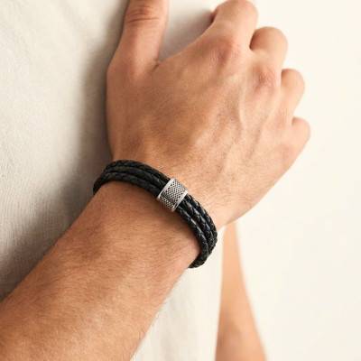 Black Bovine Leather 3-Row Braided Bracelet, 20 cm Adjustable - Emanessence