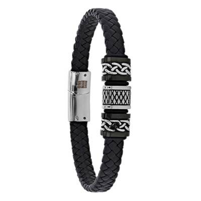 Black Braided Bovine Leather & 3 Steel Motif Bracelet, 21 cm - Emanessence