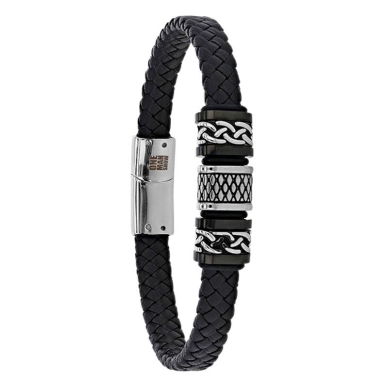 Black Braided Bovine Leather & 3 Steel Motif Bracelet, 21 cm - Emanessence