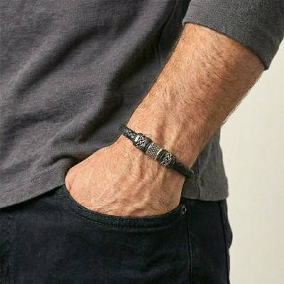 Bracelet en Cuir de Bovin Noir Tressé & 3 Motifs en Acier, Longueur 21 cm - Emanessence