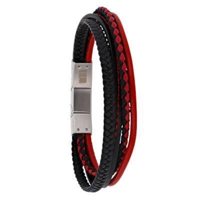 Bracelet en Cuir de Bovin Rouge et Noir, 4 rangs Tressés, Longueur 20 cm Ajustable - Emanessence