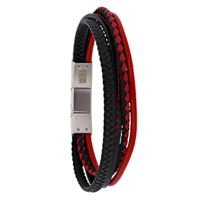 Bracelet en Cuir de Bovin Rouge et Noir, 4 rangs Tressés, Longueur 20 cm Ajustable - Emanessence