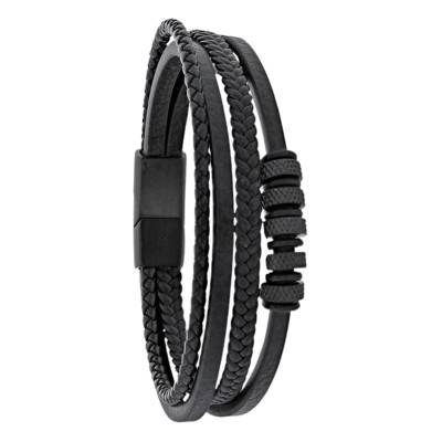 Bracelet en Cuir de Bovin Noir, 4 Rangs Tressés & Anneaux, Longueur 21 cm - Emanessence