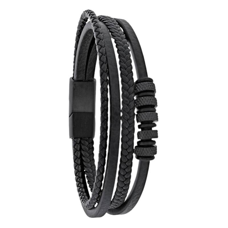 Bracelet en Cuir de Bovin Noir, 4 Rangs Tressés & Anneaux, Longueur 21 cm - Emanessence