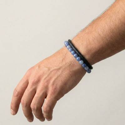 Bracelet en Tissu, Acier Inoxydable & Aventurines Bleues, Longueur 21 cm - Emanessence
