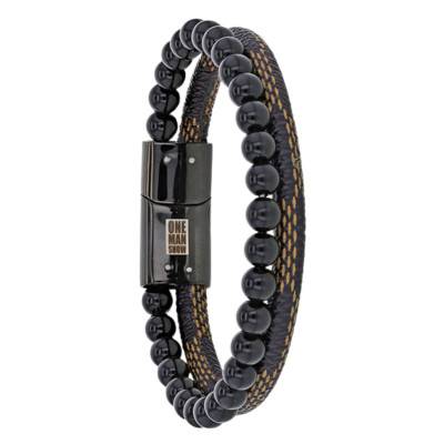 Black Agate, Stainless Steel & Fabric Bracelet, 21 cm - Emanessence