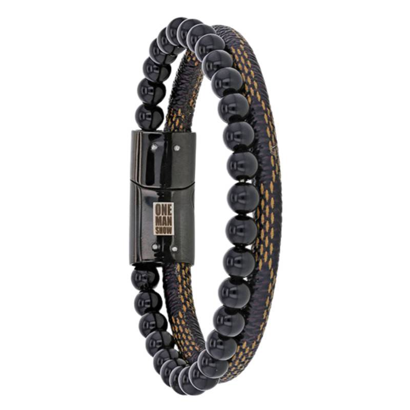 Black Agate, Stainless Steel & Fabric Bracelet, 21 cm - Emanessence
