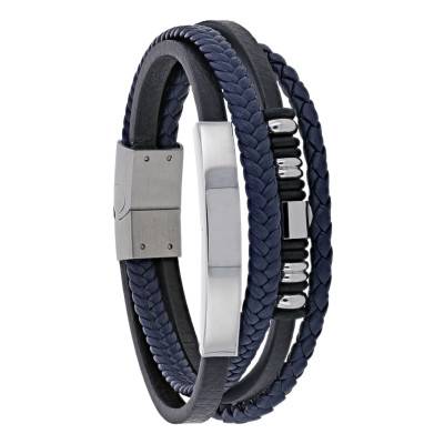 Bracelet en Cuir de Bovin Noir et Bleu & Motif en Acier, Longueur 20,50 cm - Emanessence