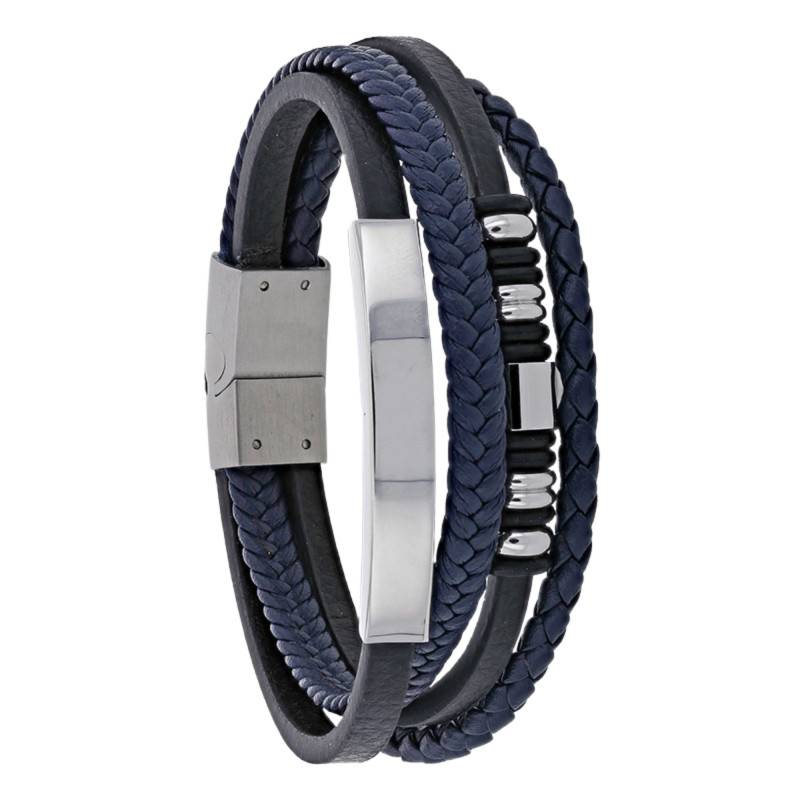 Bracelet en Cuir de Bovin Noir et Bleu & Motif en Acier, Longueur 20,50 cm - Emanessence