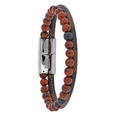 Fabric, Stainless Steel & Brown Jasper Bracelet, Length 21 cm - Emanessence