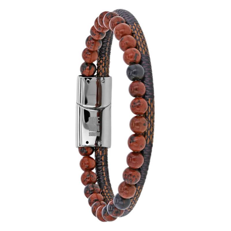 Fabric, Stainless Steel & Brown Jasper Bracelet, Length 21 cm - Emanessence
