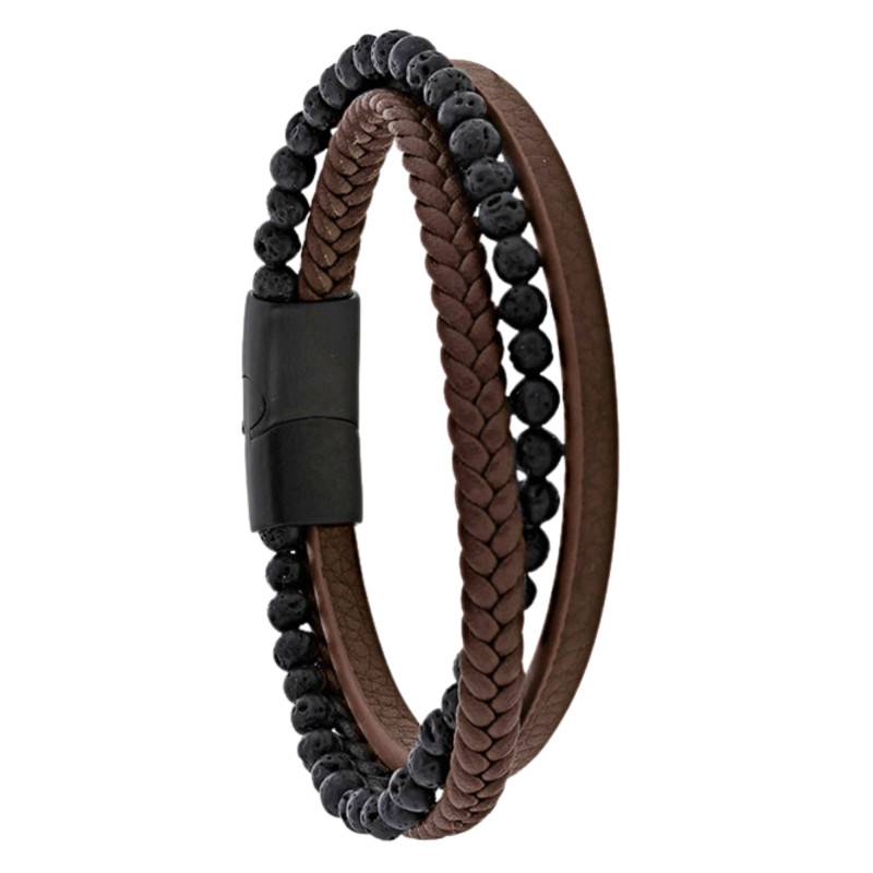 Brown Braided Bovine Leather & Black Lava Stone Men's Bracelet, 21.50 cm - Emanessence