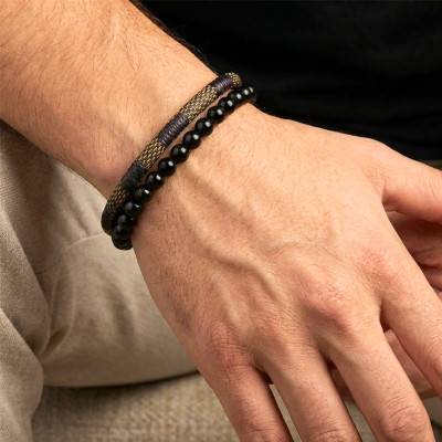 Bracelet en Tissu, Acier Inoxydable & Agates Noires, Longueur 21 cm - Emanessence