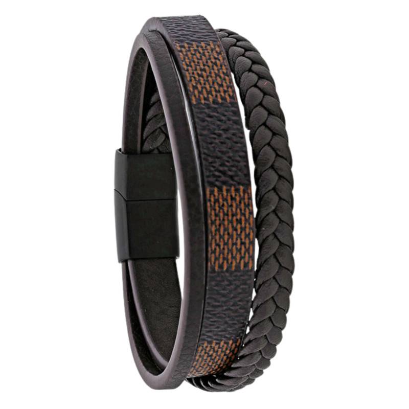 Bracelet en Cuir de Bovin Noir et Marron, 3 Rangs Lisse, Tressé et Large, Longueur 21 cm - Emanessence