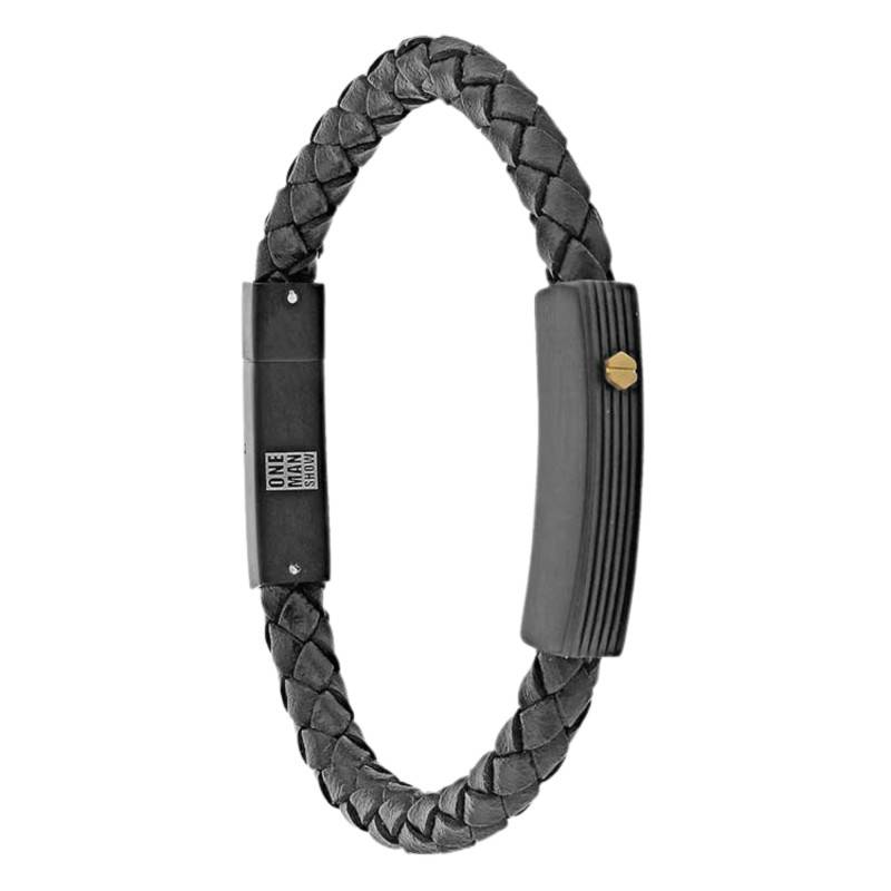 Bracelet en Cuir de Bovin Tressé & Acier Noir, Longueur 21 cm - Emanessence