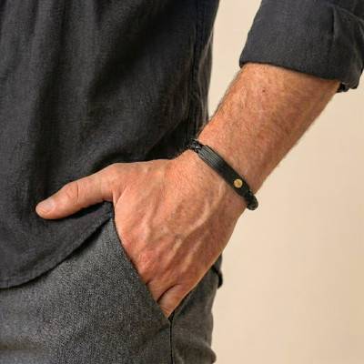 Black Steel & Braided Bovine Leather Bracelet, 21 cm - Emanessence