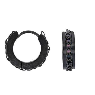 Black Stainless Steel Curb Chain Hoop Earrings, 9 mm Diameter - Emanessence