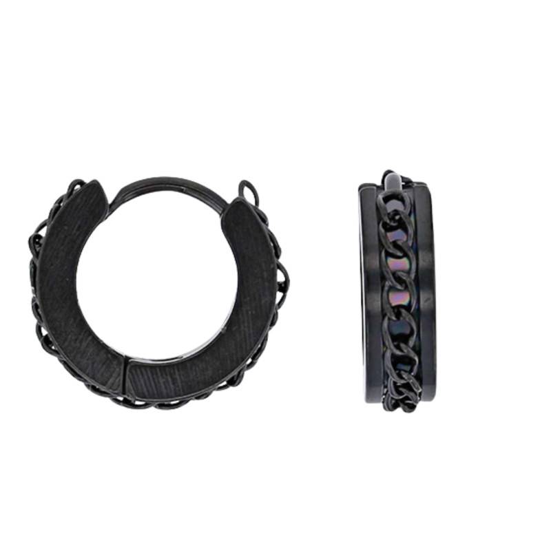 Black Stainless Steel Curb Chain Hoop Earrings, 9 mm Diameter - Emanessence