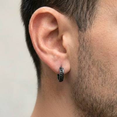 Black Stainless Steel Curb Chain Hoop Earrings, 9 mm Diameter - Emanessence