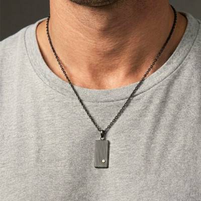 Collier Strié en Acier Inoxydable Noir, Longueur 55 cm - Emanessence
