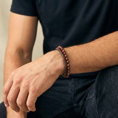 Fabric, Stainless Steel & Brown Jasper Bracelet, Length 21 cm - Emanessence