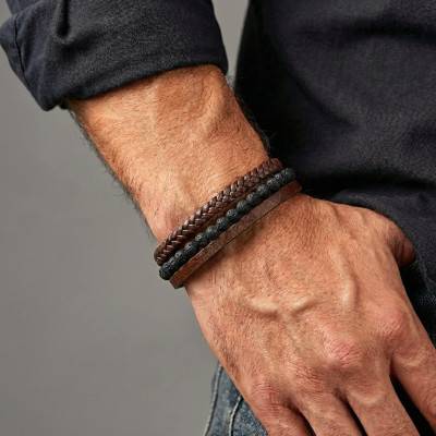 Brown Braided Bovine Leather & Black Lava Stone Men's Bracelet, 21.50 cm - Emanessence