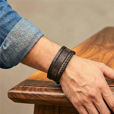 Bracelet en Cuir de Bovin Noir et Marron, 3 Rangs Lisse, Tressé et Large, Longueur 21 cm - Emanessence