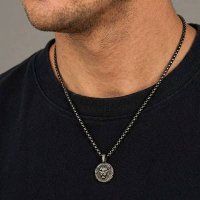 Collier Lion en Acier Inoxydable Noir, Longueur 55 cm - Emanessence