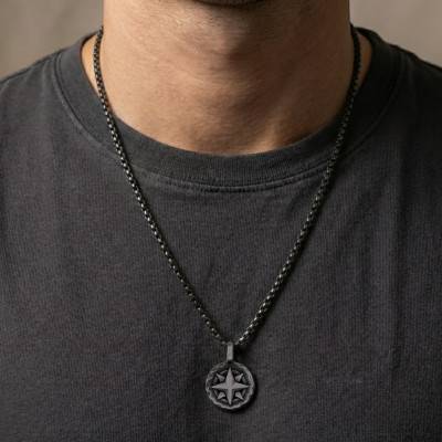Black Stainless Steel Compass Rose Necklace, 55 cm - Emanessence