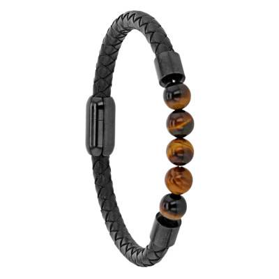 Black Braided Bovine Leather & Tiger's Eye Bracelet, Length 21,50 cm - Emanessence