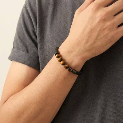 Bracelet en Cuir de Bovin Tressé & Pierres Oeil de Tigre, Longueur 21,50 cm - Emanessence