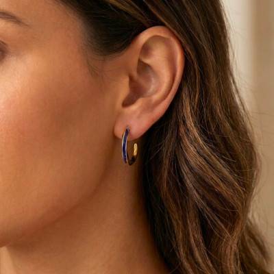 Boucles d'Oreilles Créoles Tourbillonnantes en Argent Doré & Émail Bleu, Diamètre 14 mm - Emanessence