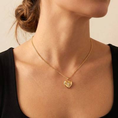 925 Gold-Plated Silver & White Zirconia Heart Photo Pendant, 24 x 17 mm - Emanessence