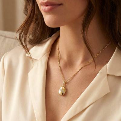 Oval Photo Pendant in 925 Gold-Plated Silver & White Zirconium Oxides, 28 x 15mm - Emanessence