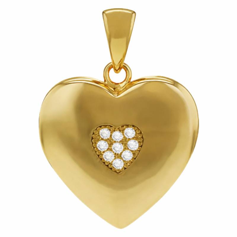 925 Gold-Plated Silver & White Zirconia Heart Photo Pendant, 24 x 17 mm - Emanessence