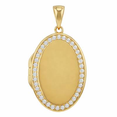 925 Gold-Plated Silver & White Zirconia Oval Photo Pendant, 34 x 19 mm - Emanessence