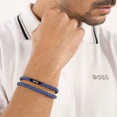 Ares Summer Blue Braided Leather & Steel Bracelet, Length 19 cm - 1580800 - Boss